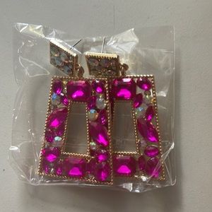 NWT Rhinestone Hot Pink Geometric Drop Earrings.